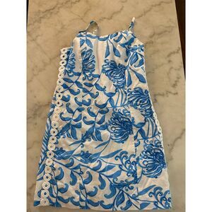 Lilly Pulitzer Girls 12 Blue White Floral Smocked Dress Eyelet Hem